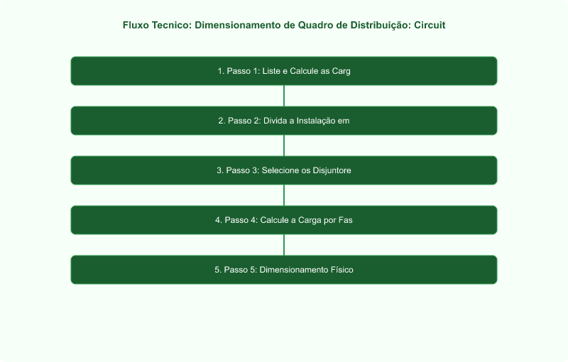 Diagrama técnico: Dimensionamento de Quadro de Distribuição: Circuitos, Disjuntores e Carga por Fase (NBR 5410)