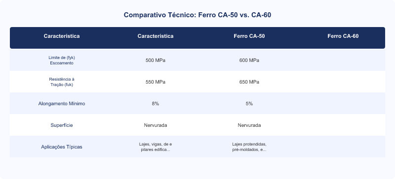 Diagrama técnico: Ferro CA-50 vs CA-60: Resistência, Aplicação e Identificação Técnica