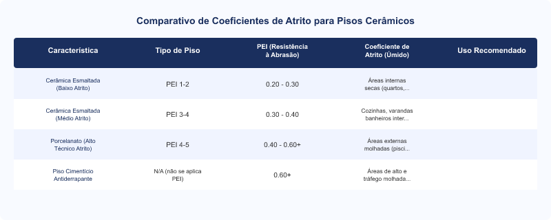 Diagrama técnico: Piso para Área Externa: Coeficiente de Atrito (PEI) e Mínimo NBR 13818