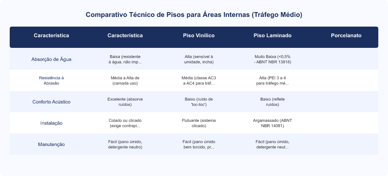 Diagrama técnico: Piso Vinílico vs. Laminado vs. Porcelanato: Comparativo Técnico para Tráfego Médio