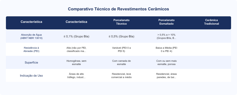 Diagrama técnico: Porcelanato Técnico vs. Esmaltado vs. Cerâmica: Resistência e Absorção (NBR 13818)