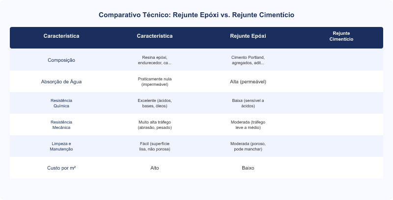 Diagrama técnico: Rejunte Epóxi vs. Cimentício: Aplicações Obrigatórias e Desperdício
