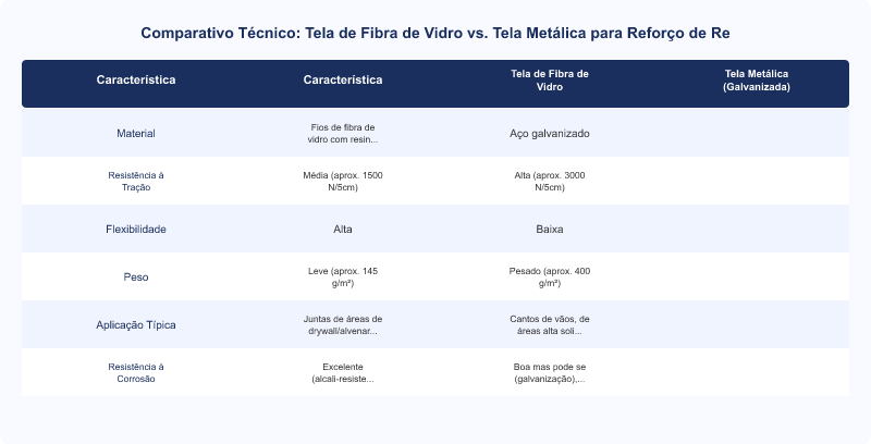 Diagrama técnico: Tela de Fibra de Vidro vs. Metálica: Reforço de Reboco em Drywall e Alvenaria Mista