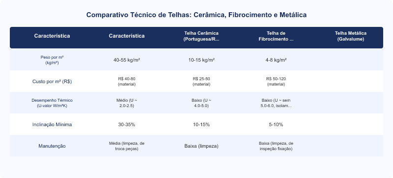 Diagrama técnico: Telha Cerâmica vs. Fibrocimento vs. Metálica: Peso, Custo e Desempenho Térmico