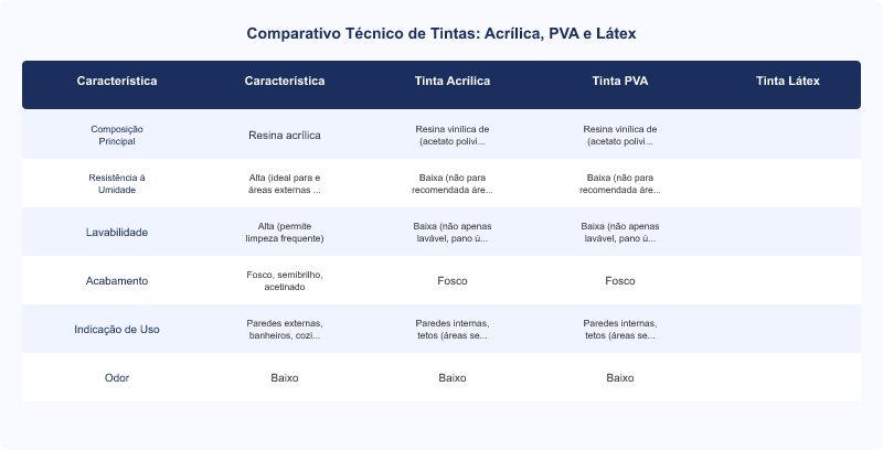 Diagrama técnico: Tinta Acrílica vs. PVA vs. Látex: Diferenças Técnicas e Aplicações